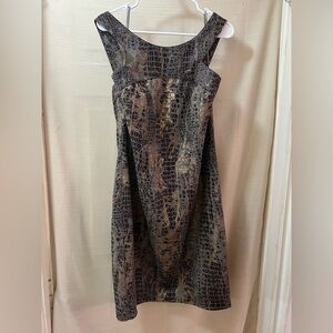 Elegant Brown Scale Patterned Women's Dress Zip Up Back, Metallic Size 16